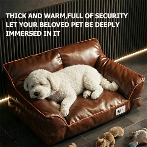 Italian Style Luxury Leather Pet Sofa Bed Detachable Washable Dog Cat Couch Orthopedic Neck Support Pet Bed for Small Medium Dogs