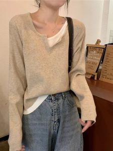 HUOLISI | V-neck False Two-piece Long Sleeve Knit Top