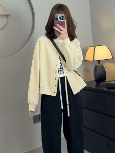 เสื้อแจ็คเก็ตเบสบอลสเวตเตอร์แขนยาวสำหรับผู้หญิง ทรงหลวม ทรงเข้ารูป สไตล์ฤดูใบไม้ผลิและฤดูใบไม้ร่วง ทรงเข้ารูป เสื้อแจ็คเก็ตคอปกสูง