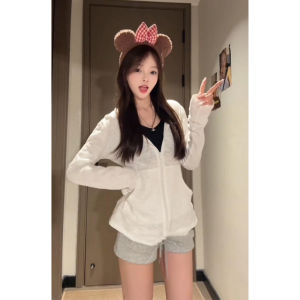 YUEZHONGWEI | White Ice Silk Open Cardigan Womens Summer Thin Short Sleeve Long Sleeve Top Tight Fit Hot Girl Sun Protection Shirt Zipper Closure