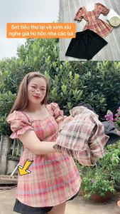 Set đồ bigsize nữ áo babydoll tay bồng chất vải caro sọc kèm quần đùi dáng chữ A dành cho nàng chuppy 58-95kg SET67