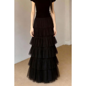 MANMI | Black Layered Fluffy High Waist Slimming Long Skirt