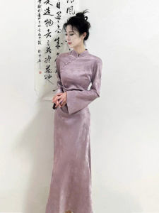 New Chinese Style Young Womens Purple Qipao Dress Daily Wear High-End Sensation Autumn Season Long Sleeve Breathable Fabric