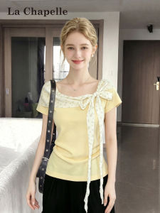 La Chapelle | Dopamine Yellow Off-shoulder T-shirt Slim Waist Bowknot