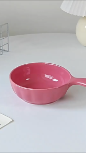 Snug ceramic bowls with handles pastel colors pink purple yellow green fit for kitchen use on wooden board