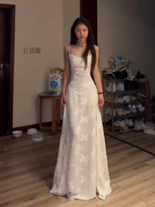 French style Holiday Style Jacquard White Sling Dress Women Summer Seaside Backless Temperament Waist Hugging Slimming Long Skirt