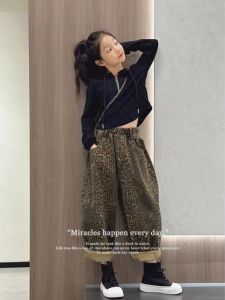 Girls Loose Leopard Print Casual Jeans Spring Autumn New Korean Style Long Pants Childrens Clothing Kids Denim Trousers