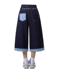 QIANCHANGNAAI | American Bow Embroidered Plaid Patchwork Casual Loose Wide Leg Jean Shorts