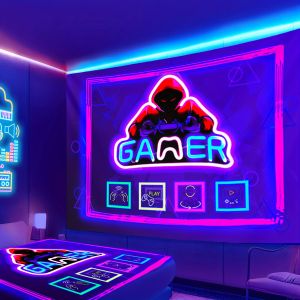 VIKAMA Gaming Tapestry Neon Gaming Room Live Streaming Backdrop Immersive Gaming Hotel Room Decor Bohemian Style