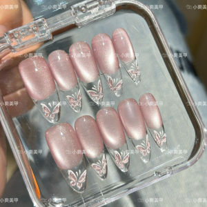 Long Almond Shaped Nail Tips Hand-Painted Butterfly Fairy Style Cat Eye Nails with Tool Kit Storage Box Pink Color from China