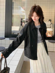 Black American Retro Style Slimming Leather Jacket Womens Fashionable PU Leather Coat Short Length Single Button Closure