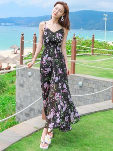 Floral Print Maxi Dress Bohemian Style Summer Vacation Beach Photography Gentle Lady Strapless Gown Long Skirt Elegant Women