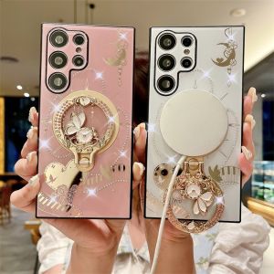 Case for Samsung Galaxy S24 Ultra S23 Ultra S22 Ultra S24 Plus S23 Plus S22 Plus Delicate Ring Bracket Magnetic Back Cover With Boutique Bracelet Fine-Hole Lens Camera Protection Anti-Drop Shockproof Protective Case