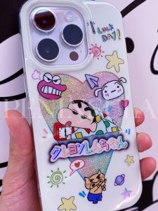 เคสโทรศัพท์ลายการ์ตูน Crayon Shinchan ลายดอกไม้สองชั้นพร้อมฝุ่นสะท้อนแสงสำหรับ iPhone 15 pro Max Apple 14 ลายใหม่