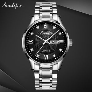 SUNLIFEX Jam Tangan Pria Tipis Kuarsa Bercahaya Laki Tali Stainless Steel Original Jam Tangan Cowok Free Box