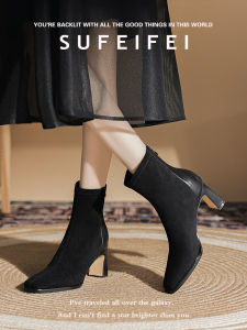 รองเท้าบู๊ตสั้นทรงหัวเหลี่ยมผิวหนังแกะแบบใหม่สำหรับฤดูใบไม้ร่วงปี 2024 สำหรับผู้หญิง ทรงหัวเหลี่ยม ทรงหัวแหลม ส้นสูง ซิปด้านหลัง