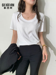 Gexuan White Short Sleeve T-Shirt Women Summer New round Neck Loose Slim Pure Color Large Collar Top Korean Style Cotton Blend