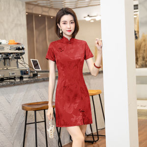 Váy Ngắn Phong Cách Trung Hoa Mới Màu Đỏ Thanh Lịch Mùa Hè Cho Bé Gái Váy Dự Thi Trung Học Phổ Thông Thường Ngày Bằng Polyester