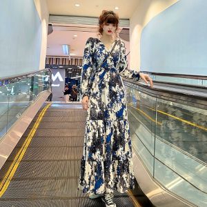 ชุดเดรสยาวคอวีแขนพองสไตล์โบฮีเมียน ทรงหลวม สไตล์ฝรั่งเศส ผ้าชีฟอง ทรงเข้ารูป เอวสูง ชุดเดรสยาวไซส์ใหญ่