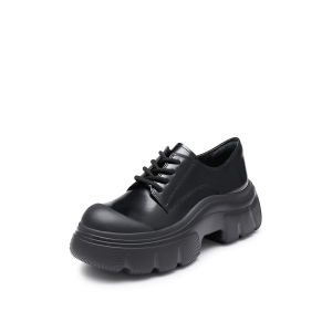 Staccato Retro British Oxford Shoes Thick Bottom Heightening Derby Shoes Leather round Toe High Heel Deep Mouth Fashionable Womens Footwear