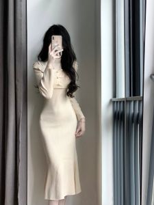 Slim Fit Knitted Fish Tail Qipao Dress Womens Autumn Winter High Waist Inner Wear Base Layer Long Knitted Dress