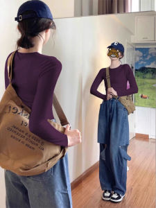 Áo Thun Nữ Tay Dài Màu Tím Ngắn Cổ Tròn Dáng Ôm Mùa Thu Chất Liệu Cotton Phong Cách Ngọt Ngào Cổ Điển Chất Lượng Cao Cấp