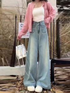 สูง เอว ขากว้าง กางเกงยีนส์ ผู้หญิง หลวม Fit ฤดูใบไม้ผลิ ฤดูใบไม้ร่วง Blue Retro Flared Straight พรางหุ่น กางเกงขายาว สไตล์เกาหลี