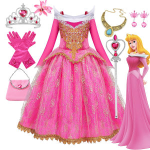 Disney ประณีตเจ้าหญิงบอลชุด Sleeping Beauty Fairy Tale เครื่องแต่งกายเล่นลูกไม้ขอบทอง Deluxe Christmas Party ชุด 2 4 6 8Yr