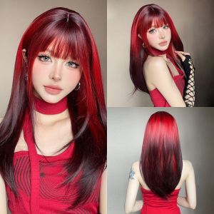 วิกผมสังเคราะห์ยาวตรงแบบมีชั้น สีดำแดงไฮไลท์ พร้อมหน้าม้า สำหรับใช้ในชีวิตประจำวัน ทนความร้อน เหมาะสำหรับผู้หญิง