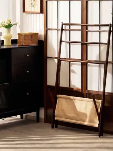 Wooden Clothes Rack Floor Towel Rack Stand With Laundry Storage Basket Clothes Hanger Clothes Drying Rack Bathroom Dirty Clothes Storage