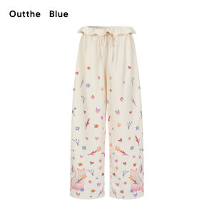 Outthe Blue March Flowers And Cats Loose Straight Leg Pants Drawstring Floral Print Draping Feelings Waist Cord Womens Trousers