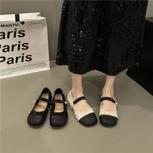 Wide Foot Womens Shoes Size 41 to 43 Mary Janes Flat Bottom Spring New Style French Style Casual round Toe Rubber Sole