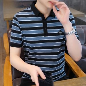HENGYUANXIANG | Hengyuanxiang 2025 New Mens Stripe Polo Shirt Casual Summer Short Sleeve Turn-down Collar Top Middle-aged Dad Breathable T-shirt