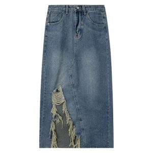 🦋 VEVE Korean Style High Waist Ripped Midi Skirt Casual Denim Skirt with Slit Loose