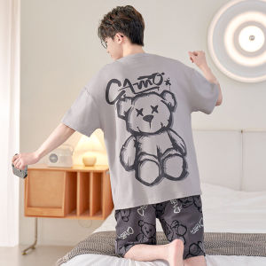ชุดนอนผู้ชายสำหรับฤดูร้อนชุดใส่ในบ้านแขนสั้นผ้าฝ้ายแท้แบบบางไซส์ใหญ่ลายการ์ตูนสำหรับวัยรุ่นนักเรียนเด็กโตแบบผู้ชาย