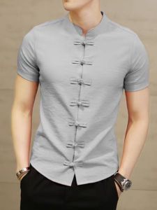 Slim Fit Short Sleeve Mens Shirt Youth Style Thin Summer Fashion White Casual Button Decorated Chinese Style Top for Daily Wear
