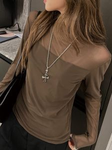 MiiOW | เสื้อยืดคอตั้งครึ่งตัวสำหรับผู้หญิง ฤดูใบไม้ผลิและฤดูใบไม้ร่วง เสื้อชั้นในเซ็กซี่ ผ้าตาข่าย คอตั้งครึ่งตัว สไตล์ MiiOW Cat Person