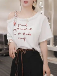 Shalldoer | Pure Desire Lace Splice Letter Print Short Sleeve T-Shirt Womens Summer Thin Shoulder Exposure Casual Loose Fit Top