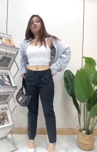 Plus size Office Pants Straightcut Elasticated Waistband Casual Highwaist Uniform Pants w/2pocket & side button lock Slacks Pants for Women