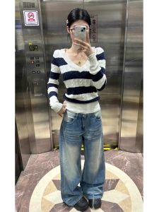 กางเกงยีนส์ทรงหลวมเอวสูงสไตล์ย้อนยุคสไตล์อเมริกันสำหรับผู้หญิง กางเกงขายาวทรงตรงทรงหลวมสำหรับฤดูใบไม้ผลิและฤดูใบไม้ร่วง