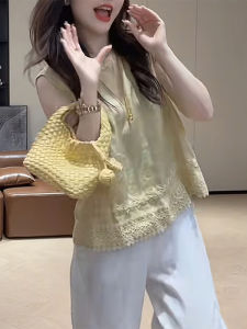 Shalldoer | New Chinese Style Retro Embroidered Lace Round Neck Sleeveless Vest Womens Fashionable Summer Top Loose Fit Casual Wear