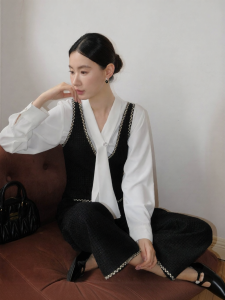 Áo Sơ Mi Cổ Đính Nơ Tweed Phong Cách Pháp