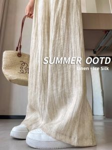 WANGGONGZHU | High Waist Drapey Linen Casual Pants Women Summer Thin New Style Slimming Fashion Ice Silk Cotton Linen Wide Leg Long Pants