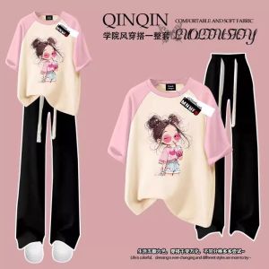 Girls Summer Short Sleeve Outfit Cartoon Kitty Cat Print Wide Leg Pants Two Piece Set Casual Cotton Clothing for Kids