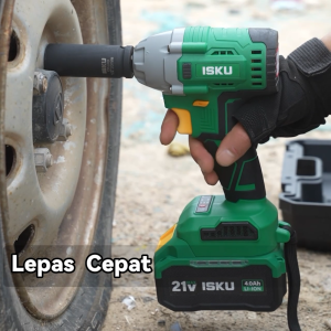 ISKU Mesin Impact Wrench 21V Brushless tanpa Kabel - Torsi 350N.M + Baterai Lithium 21V+Adaptor 1/2" ke 1/4" + Set 31Pcs Mata Bor & Obeng Magnet Garansi 1 Tahun