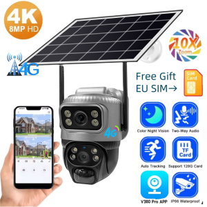 8MP HD Dual Lens Dual Screen Solar Camera With 4G Sim Card IP66 Waterproof Outdoor Surveillance Cameras Color Night Vision CCTV