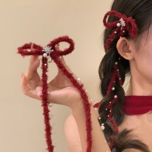 1/2PCS Red Knitted Bow Hair Accessory Pearl Tassel Snowflake Hair Clip Winter Christmas Hair Decor Elegant Long Tassel Hair