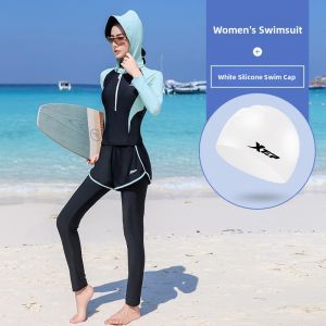 XTEP | Conservative Split Long Sleeve Swimsuit for Women with Detachable Hat and Long Pants