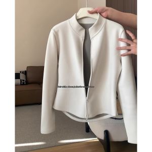 Double Zipper White Fluffy Stand Collar Jacket Outwear