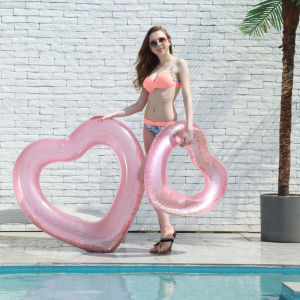 INS Sequin Pink Heart Swimming Ring Gold Powder Peach Heart Rose Gold Heart-Shaped Extra Large Thicker Inflatable Life Buoy for Women